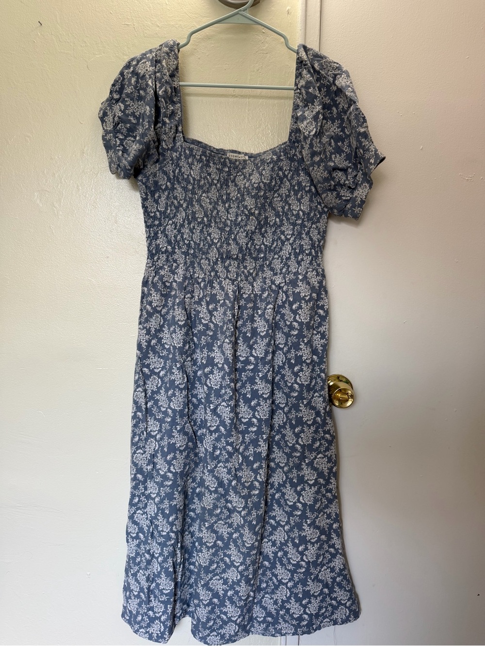 Blue Floral Square-Neck Midi Dress with Puff Sleeves
